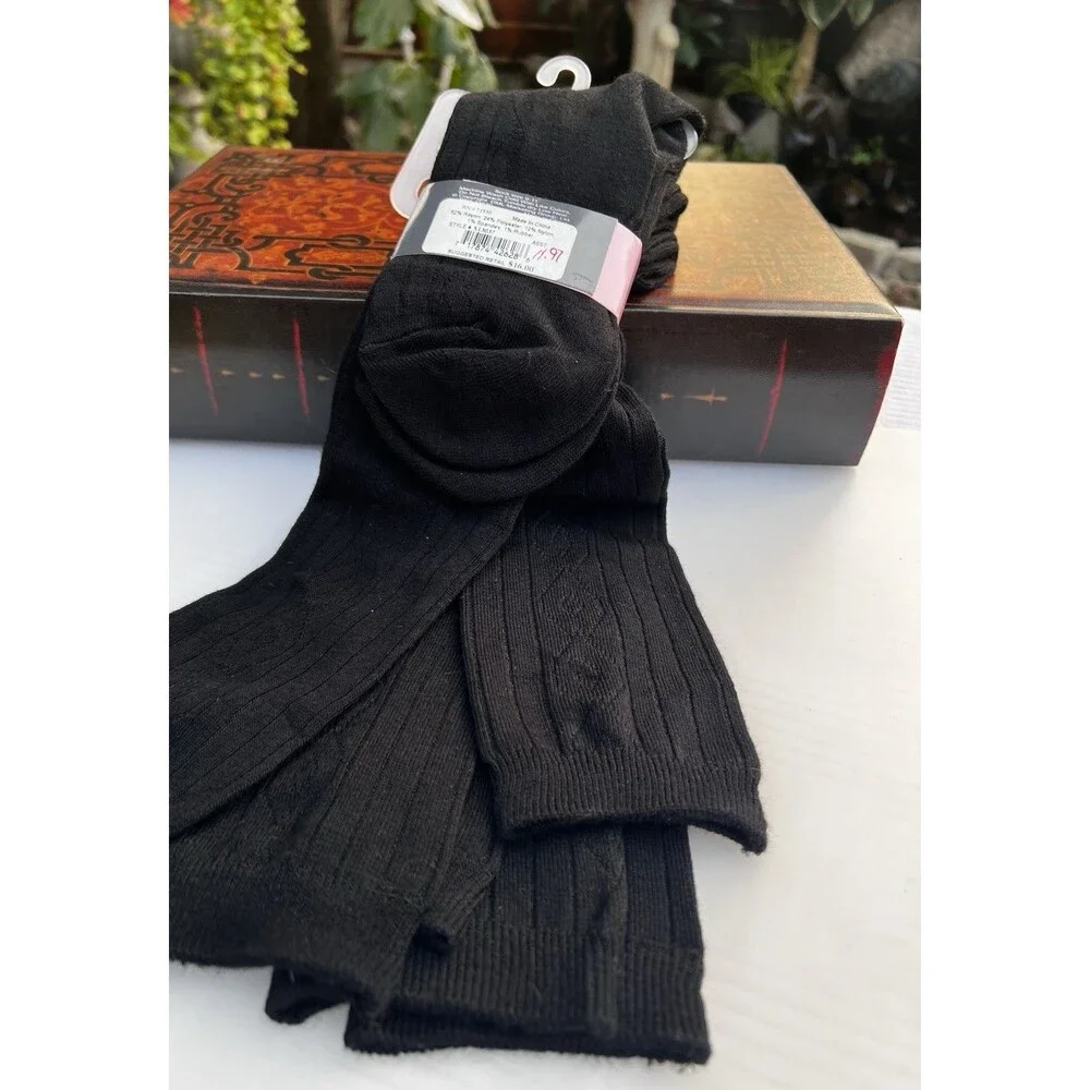 Deadstock Y2K LeGALe Black Crew Dress Socks 3 Set New Cable Knit Women Size 9-11